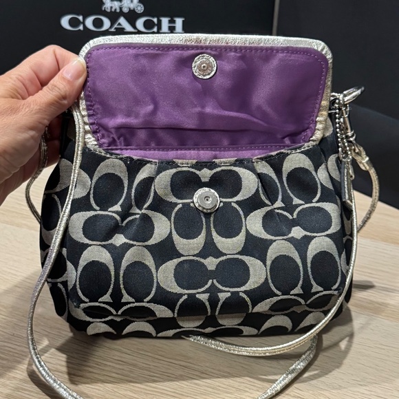 Coach Poppy Signature Pleated Crossbody Bag in Black/Grey Metallic Silver - Picture 4 of 11